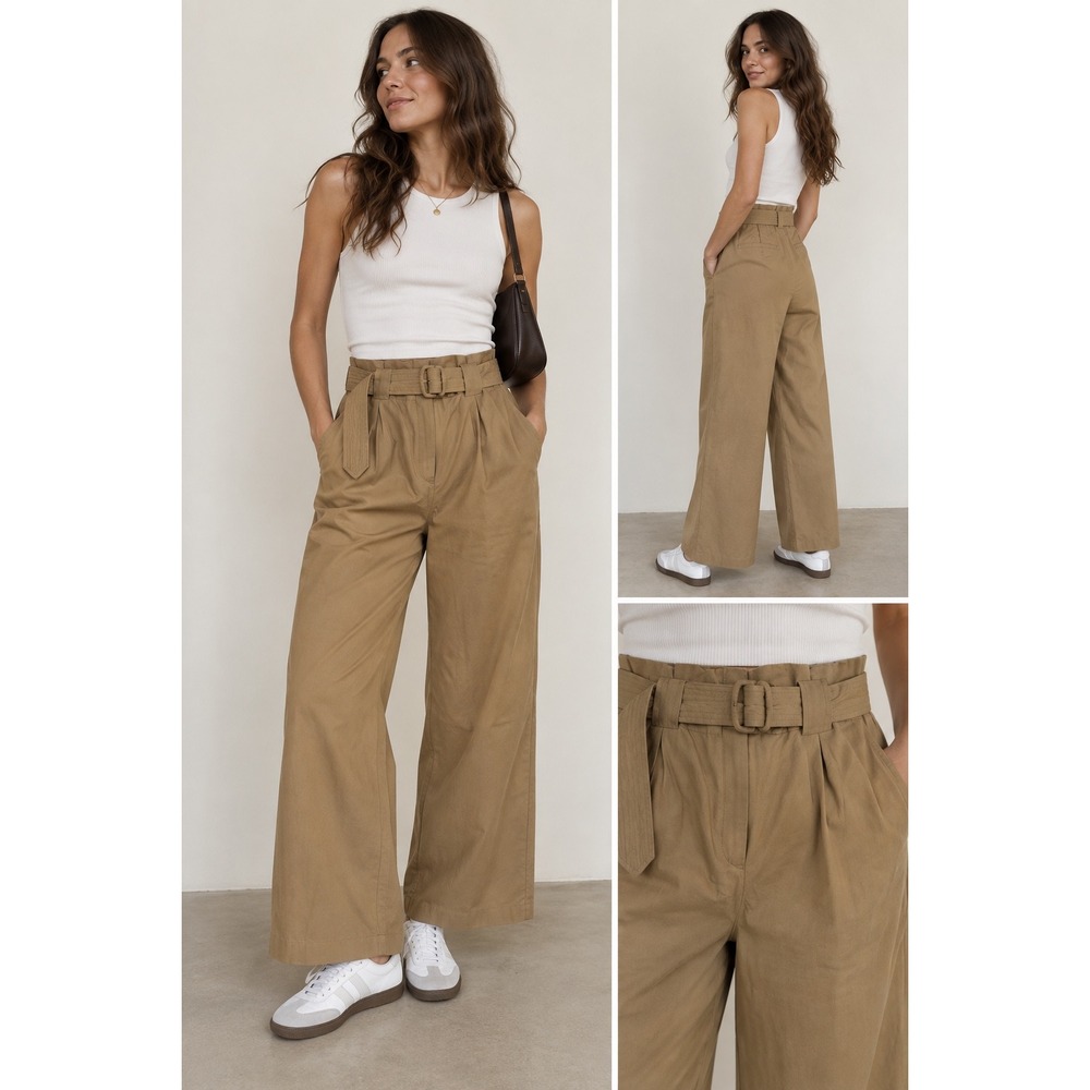 MNG Mango Women Tan Khaki Paperbag Waist Wide Leg Belted Trousers Size 4